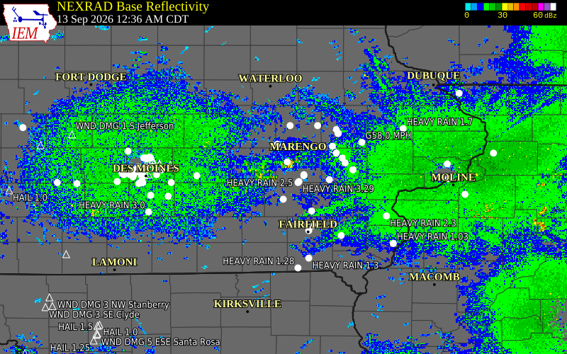 Current NEXRAD radar over Benton County, Iowa with recent storm report locations