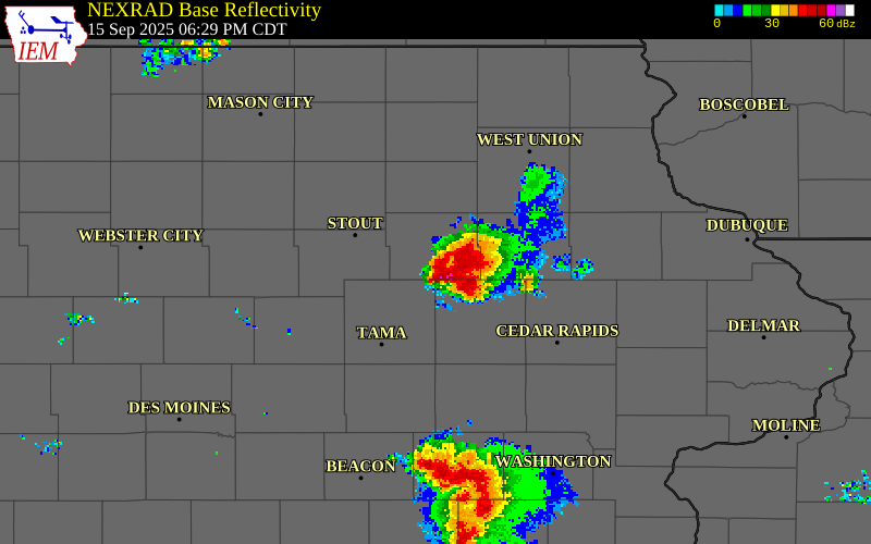 NEXRAD radar during the Monday, September 15, 2025 storm activity in Black Hawk County, Iowa