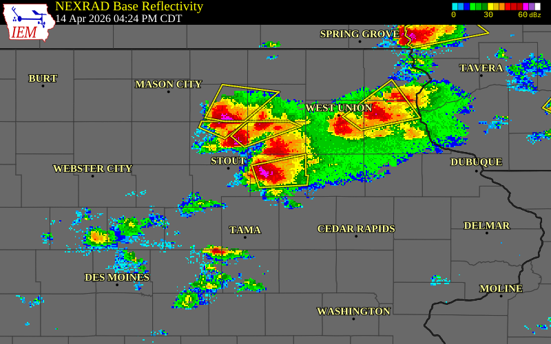NEXRAD radar during the Tuesday, April 14, 2026 storm activity in Black Hawk County, Iowa