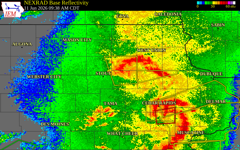 NEXRAD radar during the Thursday, June 11, 2026 storm activity in Black Hawk County, Iowa