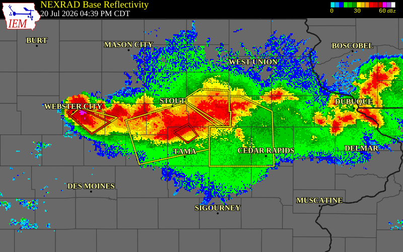 NEXRAD radar during the Monday, July 20, 2026 storm activity in Black Hawk County, Iowa