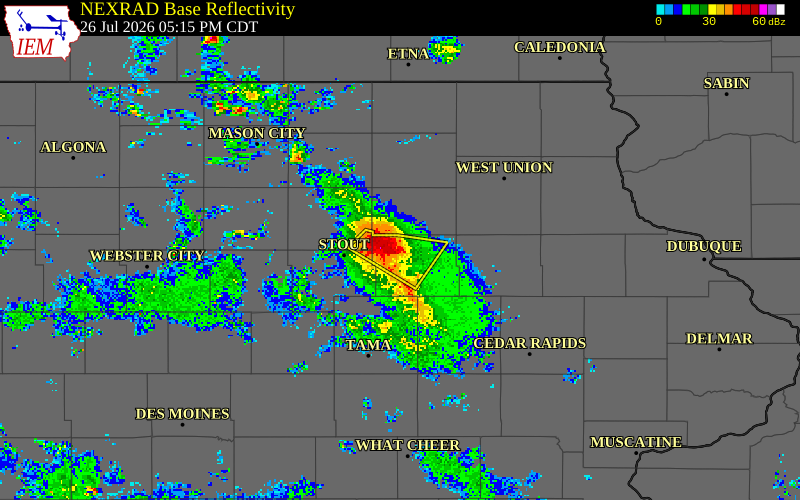 NEXRAD radar during the Sunday, July 26, 2026 storm activity in Black Hawk County, Iowa