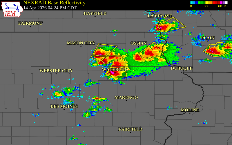 Radar snapshot during the Apr 14, 2026 hail event near 1 ENE Waterloo, Black Hawk County, Iowa, with NWS warning polygons