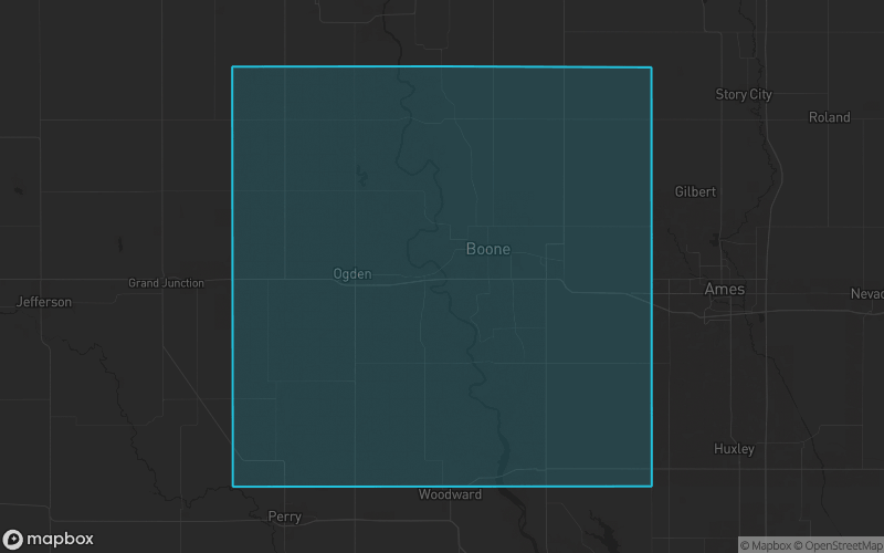 Map of Boone County, Iowa showing the county boundary and surrounding cities