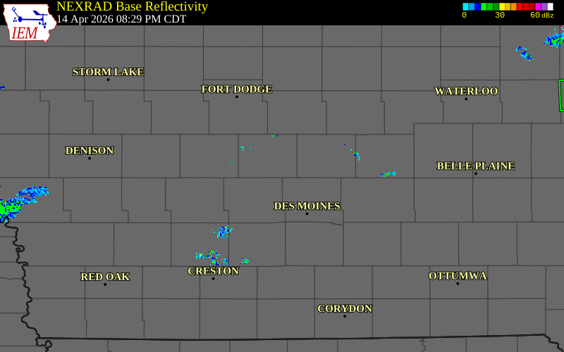 NEXRAD radar during the Tuesday, April 14, 2026 storm activity in Boone County, Iowa