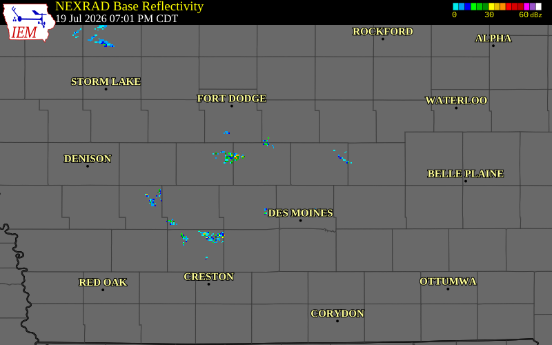 NEXRAD radar during the Sunday, July 19, 2026 storm activity in Boone County, Iowa
