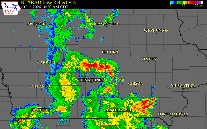 Radar snapshot during the Jun 10, 2026 wind event near Boone County, Boone County, Iowa, with NWS warning polygons