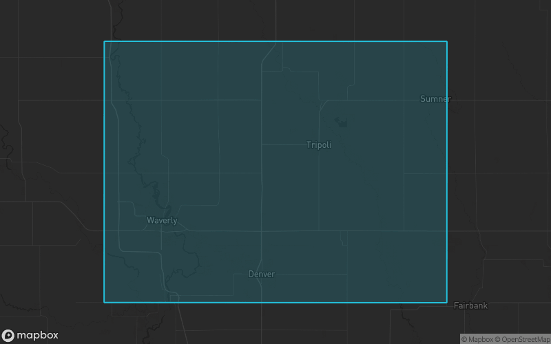 Map of Bremer County, Iowa showing the county boundary and surrounding cities