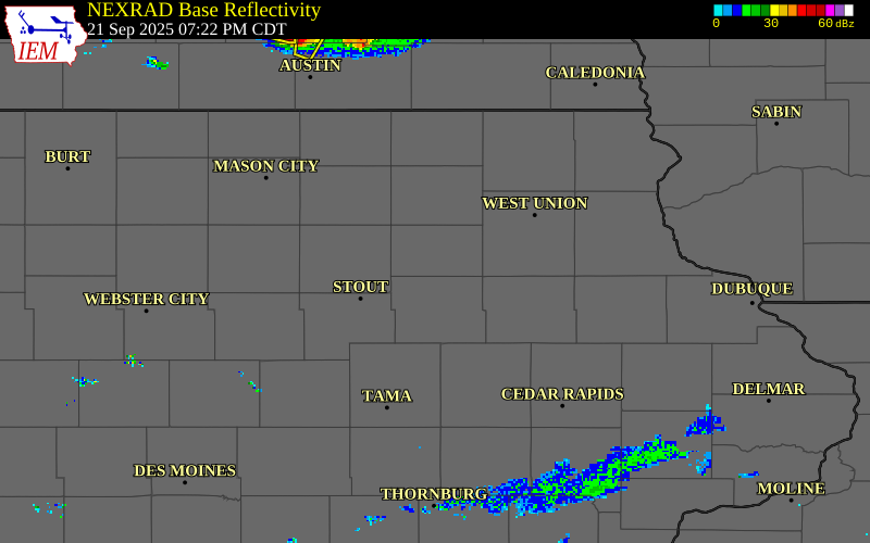 NEXRAD radar during the Sunday, September 21, 2025 storm activity in Bremer County, Iowa