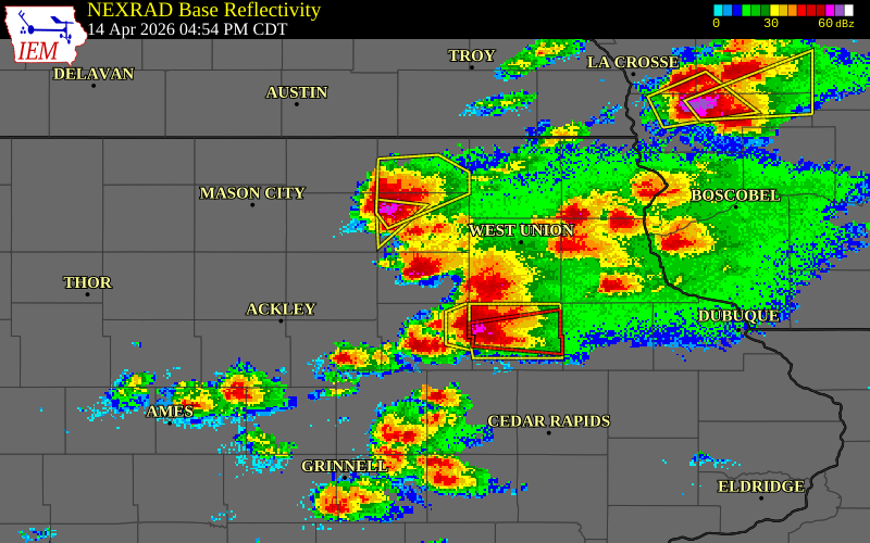 NEXRAD radar during the Tuesday, April 14, 2026 storm activity in Bremer County, Iowa