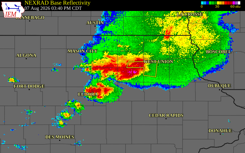 NEXRAD radar during the Friday, August 7, 2026 storm activity in Bremer County, Iowa