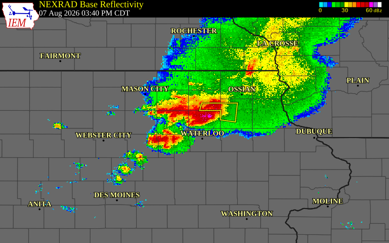 Radar snapshot during the Aug 7, 2026 tornado event near 2 N Waverly, Bremer County, Iowa, with NWS warning polygons