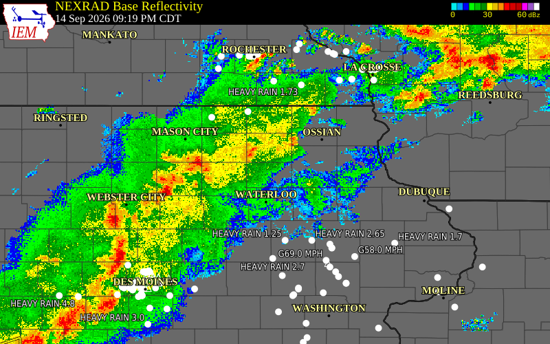Current NEXRAD radar over Bremer County, Iowa with recent storm report locations