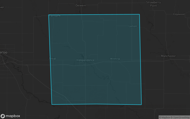 Map of Buchanan County, Iowa showing the county boundary and surrounding cities
