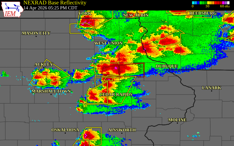 NEXRAD radar during the Tuesday, April 14, 2026 storm activity in Buchanan County, Iowa