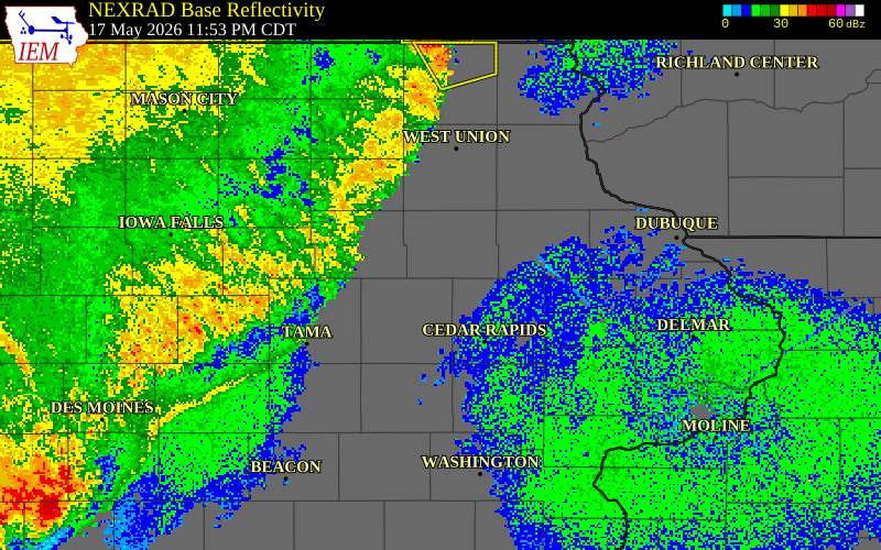 NEXRAD radar during the Sunday, May 17, 2026 storm activity in Buchanan County, Iowa