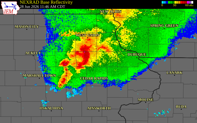 NEXRAD radar during the Sunday, June 28, 2026 storm activity in Buchanan County, Iowa