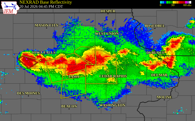 NEXRAD radar during the Monday, July 20, 2026 storm activity in Buchanan County, Iowa