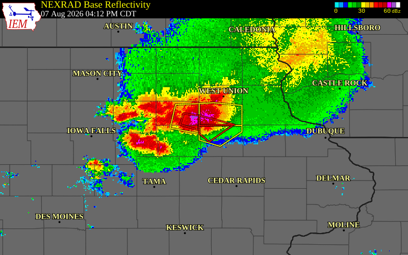 NEXRAD radar during the Friday, August 7, 2026 storm activity in Buchanan County, Iowa