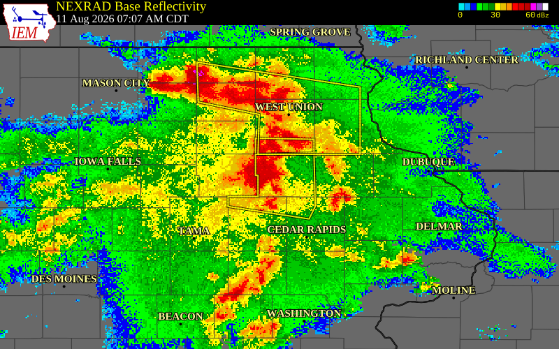 NEXRAD radar during the Tuesday, August 11, 2026 storm activity in Buchanan County, Iowa