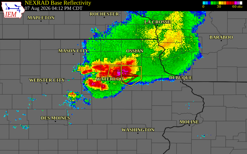 Radar snapshot during the Aug 7, 2026 tornado event near 2 SE Fairbank, Buchanan County, Iowa, with NWS warning polygons