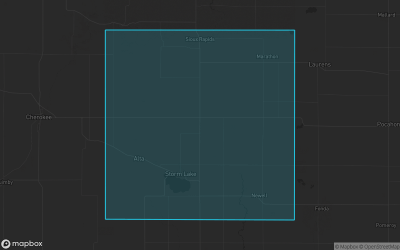 Map of Buena Vista County, Iowa showing the county boundary and surrounding cities