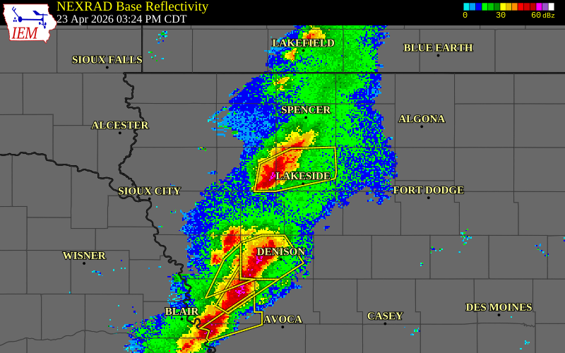 NEXRAD radar during the Thursday, April 23, 2026 storm activity in Buena Vista County, Iowa