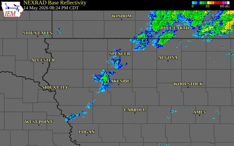 NEXRAD radar during the Thursday, May 14, 2026 storm activity in Buena Vista County, Iowa