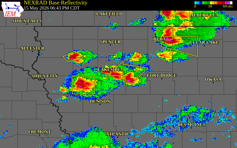 NEXRAD radar during the Friday, May 15, 2026 storm activity in Buena Vista County, Iowa