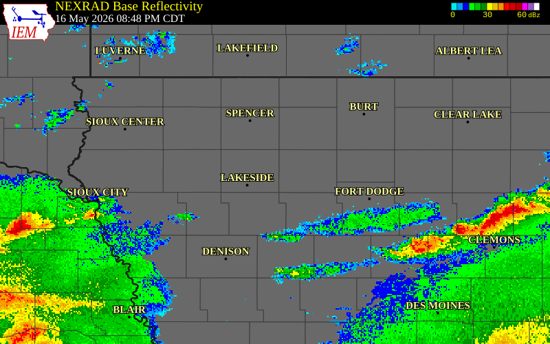 NEXRAD radar during the Saturday, May 16, 2026 storm activity in Buena Vista County, Iowa