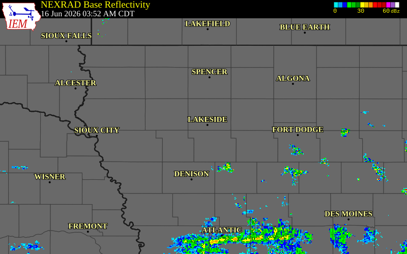 NEXRAD radar during the Tuesday, June 16, 2026 storm activity in Buena Vista County, Iowa