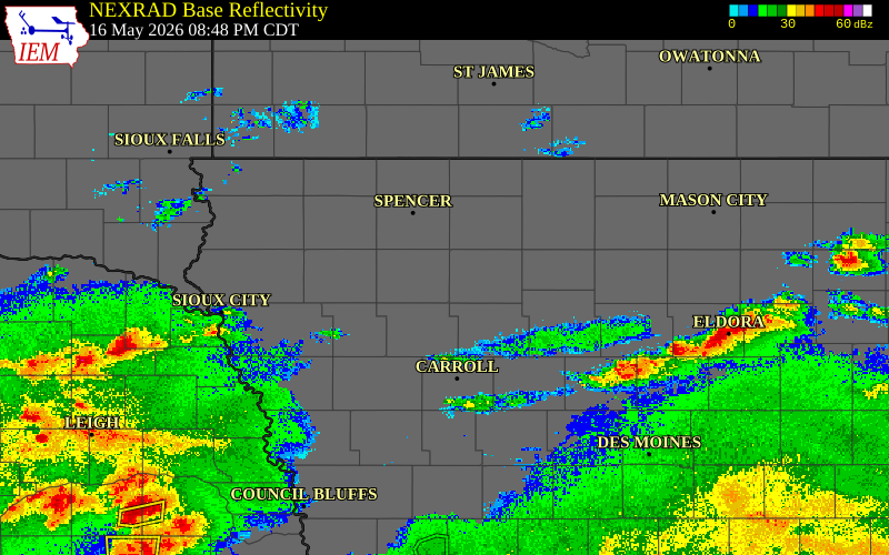 Radar snapshot during the May 16, 2026 wind event near 4 S Albert City, Buena Vista County, Iowa, with NWS warning polygons