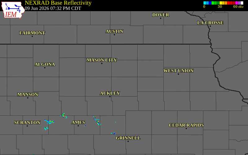 NEXRAD radar during the Tuesday, June 9, 2026 storm activity in Butler County, Iowa