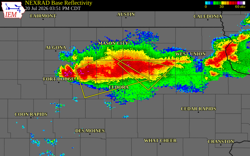 NEXRAD radar during the Monday, July 20, 2026 storm activity in Butler County, Iowa