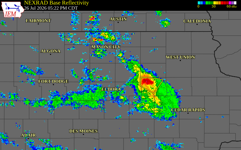NEXRAD radar during the Sunday, July 26, 2026 storm activity in Butler County, Iowa