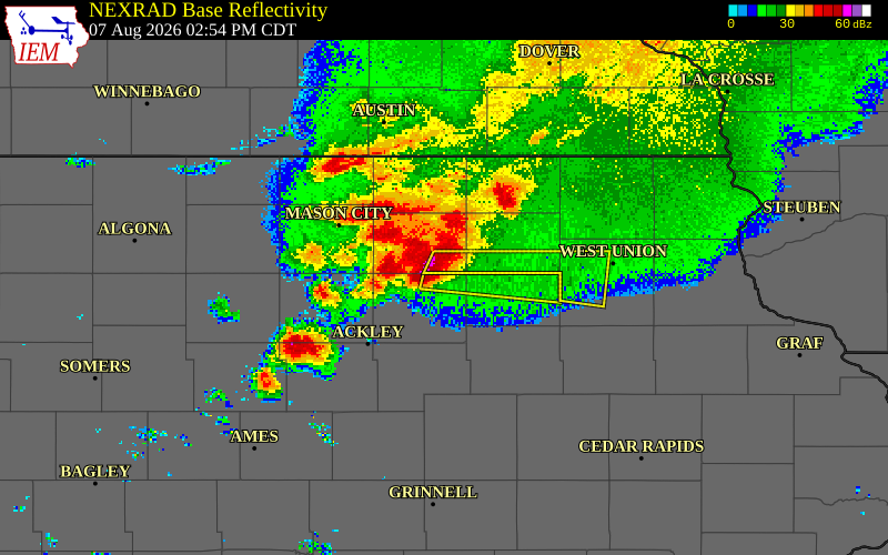 NEXRAD radar during the Friday, August 7, 2026 storm activity in Butler County, Iowa