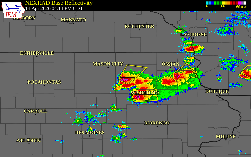 Radar snapshot during the Apr 14, 2026 hail event near Greene, Butler County, Iowa, with NWS warning polygons