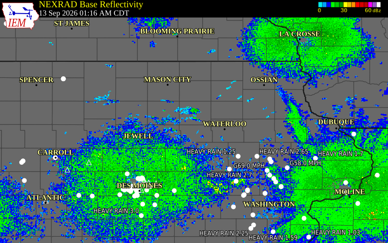 Current NEXRAD radar over Butler County, Iowa with recent storm report locations