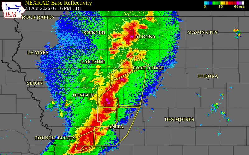 NEXRAD radar during the Thursday, April 23, 2026 storm activity in Calhoun County, Iowa