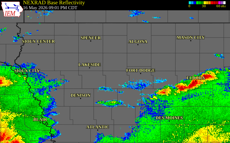 NEXRAD radar during the Saturday, May 16, 2026 storm activity in Calhoun County, Iowa