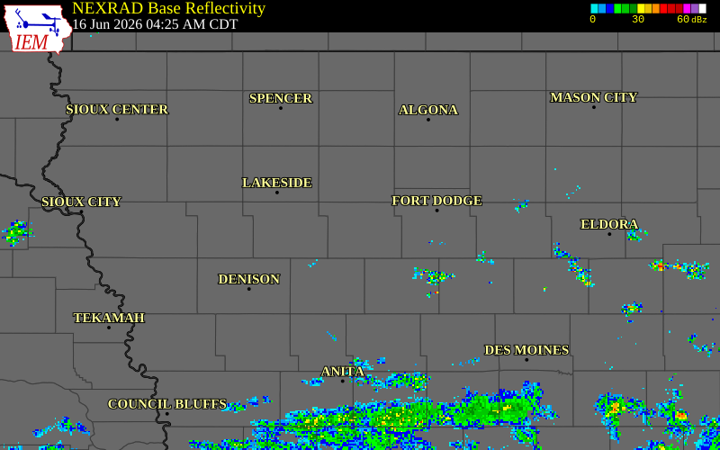 NEXRAD radar during the Tuesday, June 16, 2026 storm activity in Calhoun County, Iowa