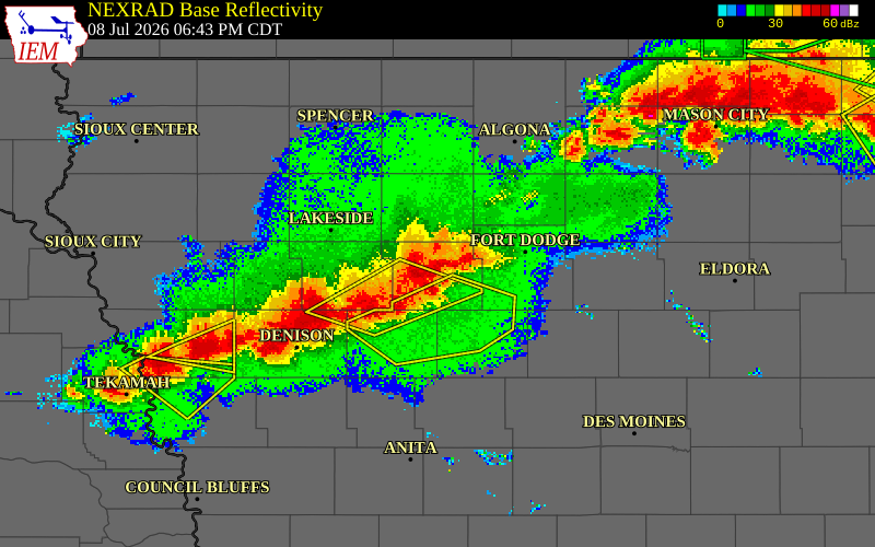 NEXRAD radar during the Wednesday, July 8, 2026 storm activity in Calhoun County, Iowa