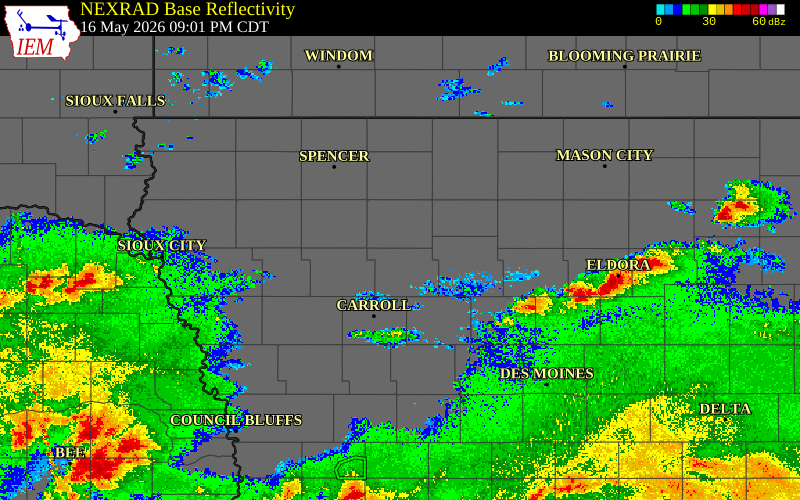 Radar snapshot during the May 16, 2026 tornado event near Pomeroy, Calhoun County, Iowa, with NWS warning polygons