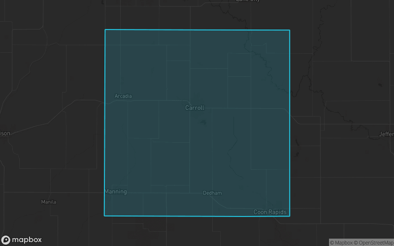 Map of Carroll County, Iowa showing the county boundary and surrounding cities