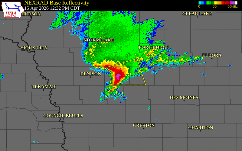 NEXRAD radar during the Wednesday, April 15, 2026 storm activity in Carroll County, Iowa