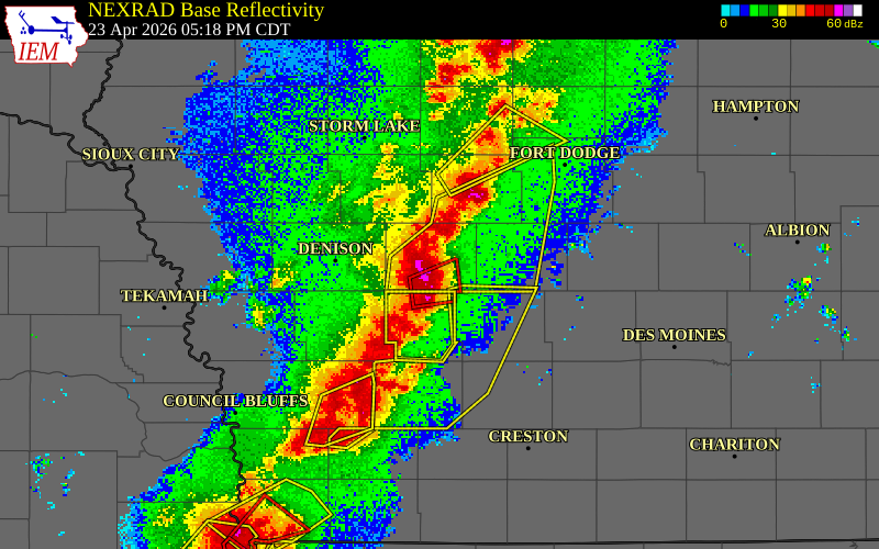 NEXRAD radar during the Thursday, April 23, 2026 storm activity in Carroll County, Iowa