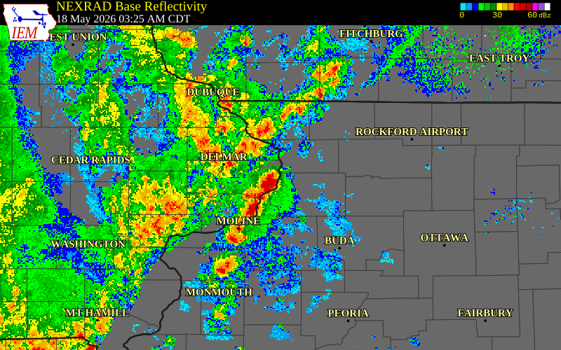 NEXRAD radar during the Monday, May 18, 2026 storm activity in Carroll County, Iowa