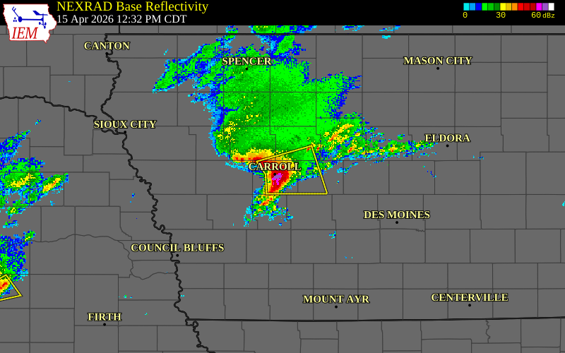 Radar snapshot during the Apr 15, 2026 hail event near 3 WSW Glidden, Carroll County, Iowa, with NWS warning polygons