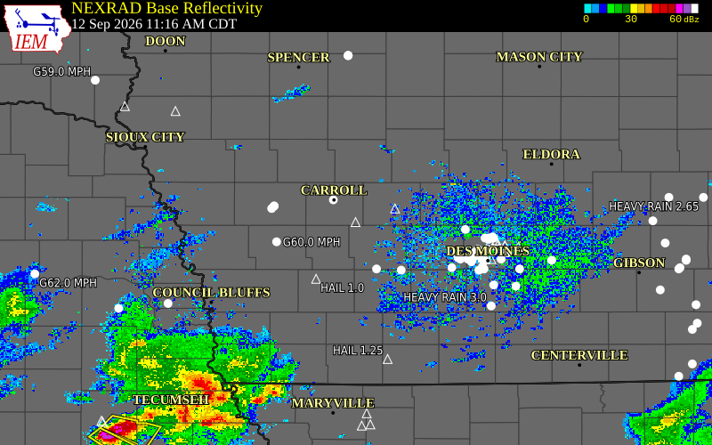 Current NEXRAD radar over Carroll County, Iowa with recent storm report locations