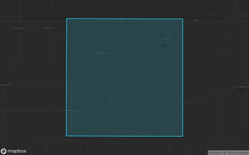 Map of Cass County, Iowa showing the county boundary and surrounding cities